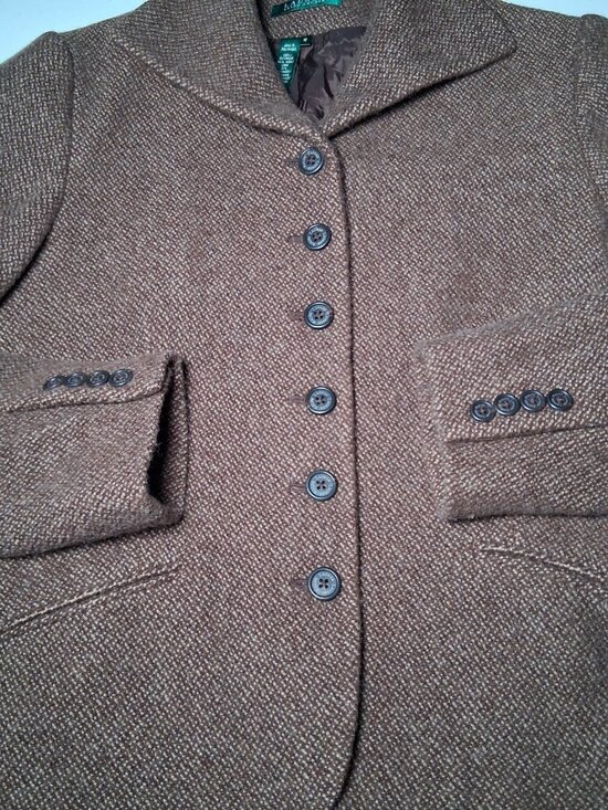 Lauren Ralph Lauren Tweed Blazer Jacket Women 10 Brown Wool Blend Short Classic - Picture 8 of 15